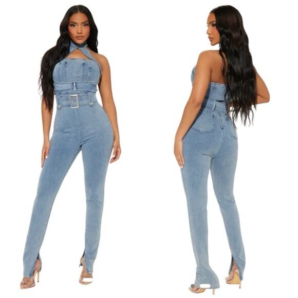 Fashion Nova It Girl Denim Jumpsuit - Light Wash Size XL NWT - Picture 9 of 10